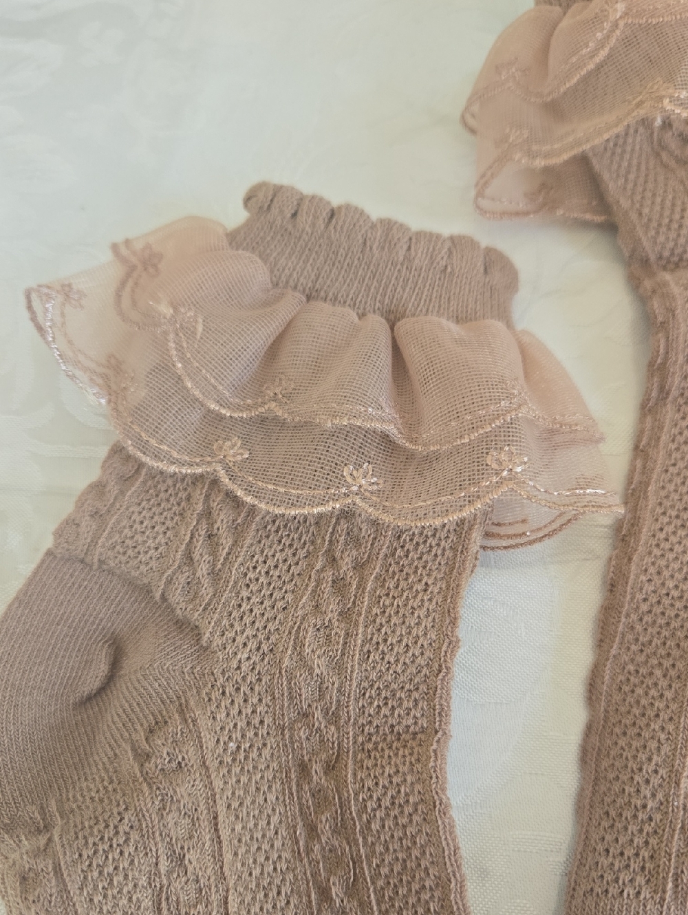 Light Brown Ruffled Ankle Cable Knit Socks - Picture 3 of 4
